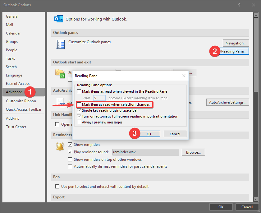 how to disable read email in outlook