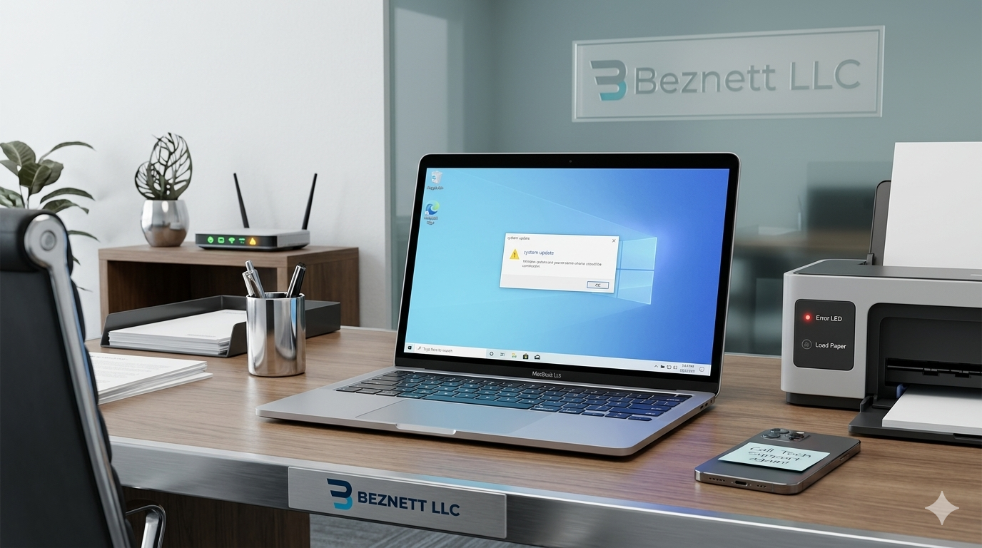 Small office workspace showing common IT issues and the hidden cost of reactive IT support