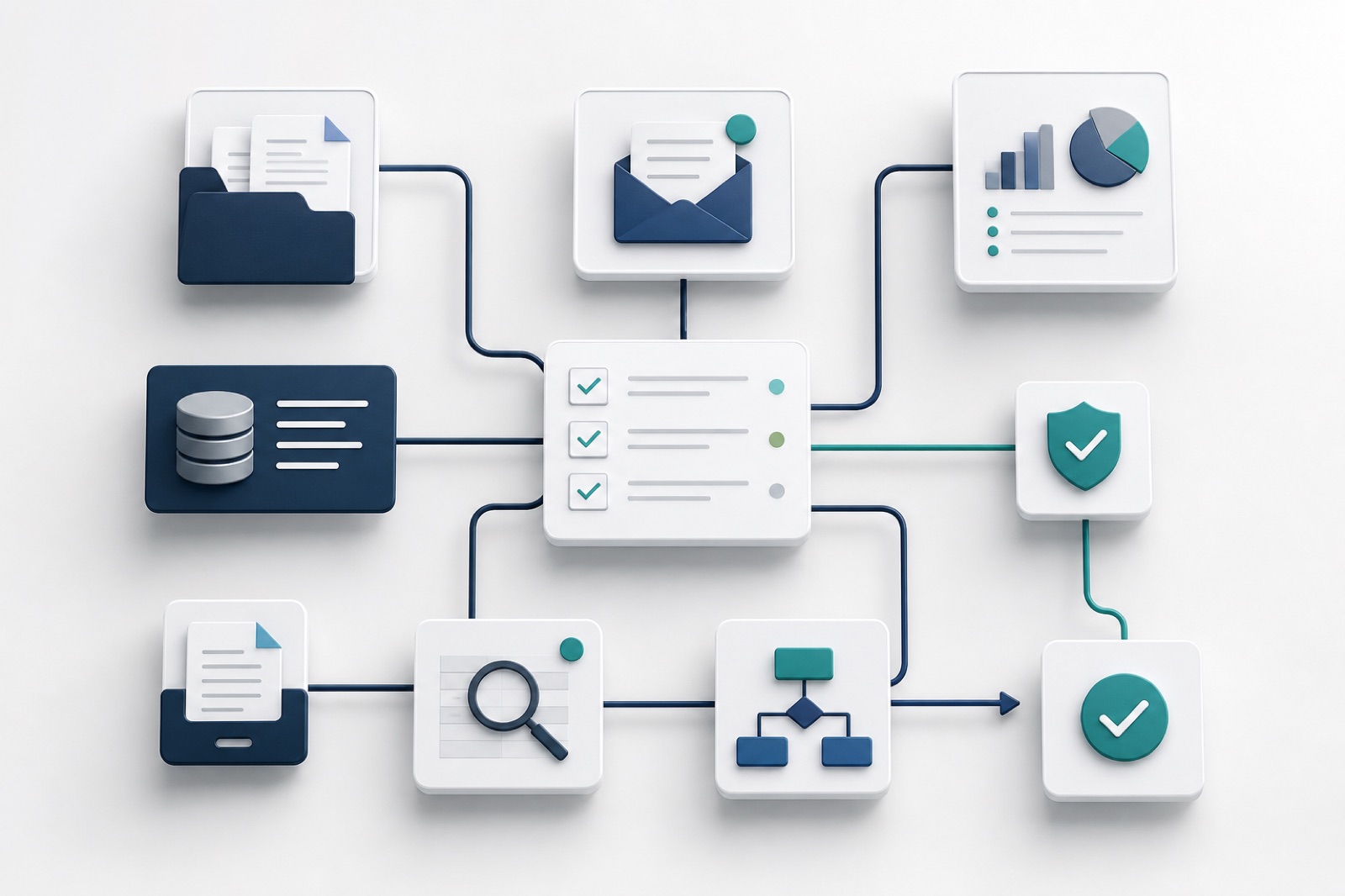 Practical AI workflow graphic showing documents, reports, approvals, and secure process steps