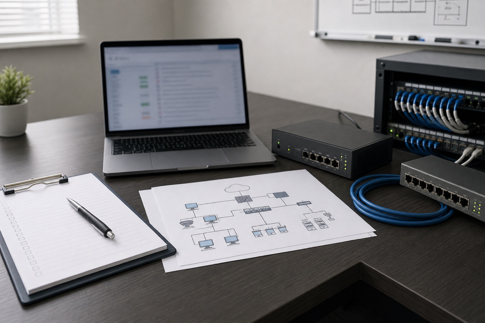 IT workspace with laptop, network diagram, checklist, and network equipment