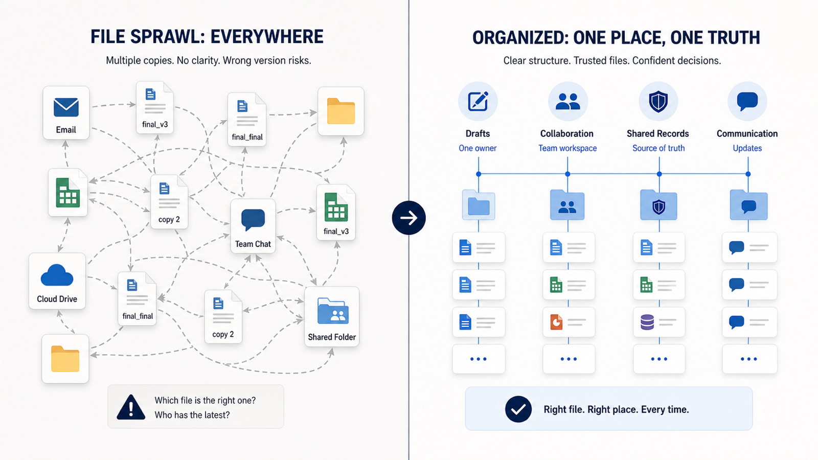 Diagram showing scattered files becoming an organized Microsoft 365 file structure.