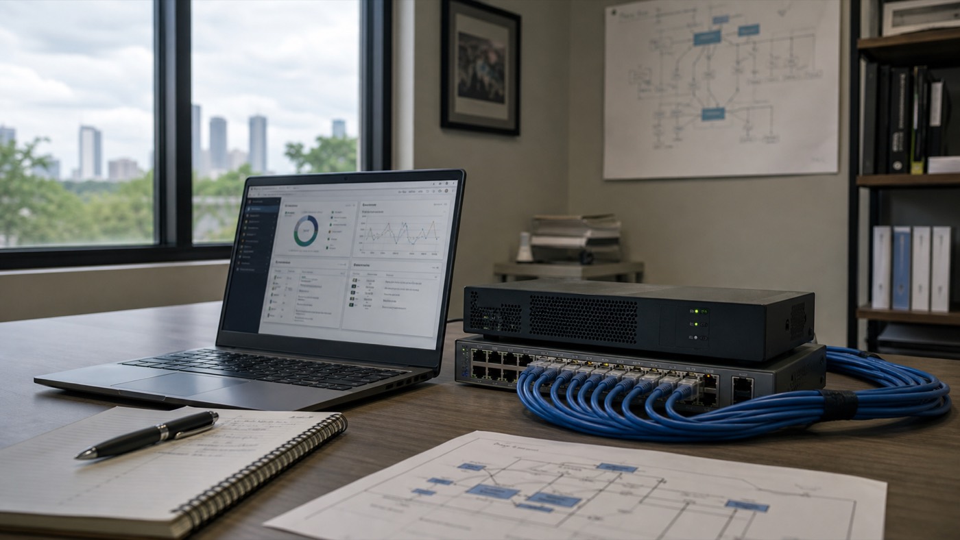 Laptop, network equipment, and documentation on an office desk